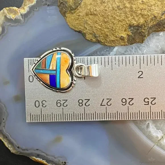 Native American Sterling Silver Heart Shape Multi Stone Inlay Pendant For Women - Picture 10 of 10